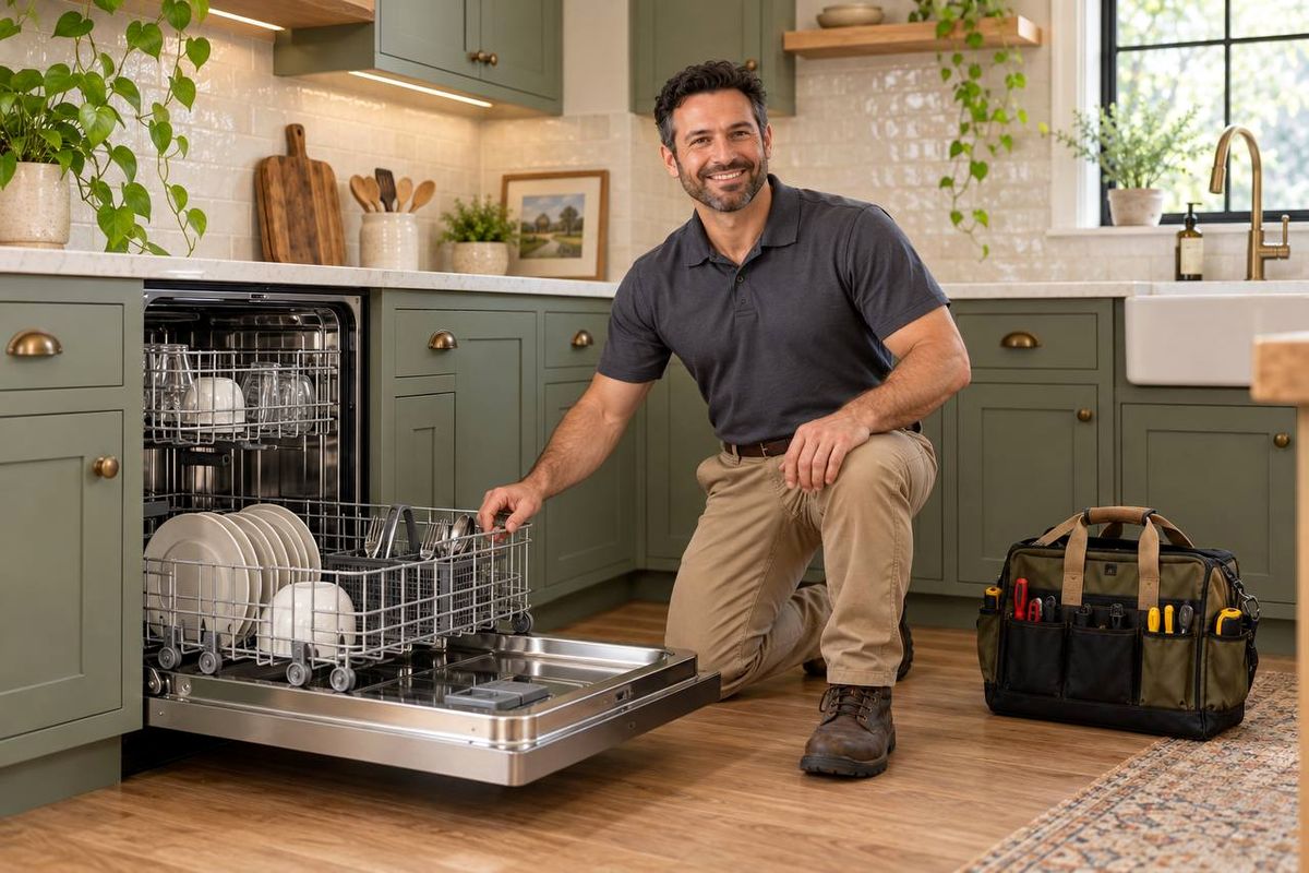 Technician kneeling at an open dishwasher with the lower rack pulled out