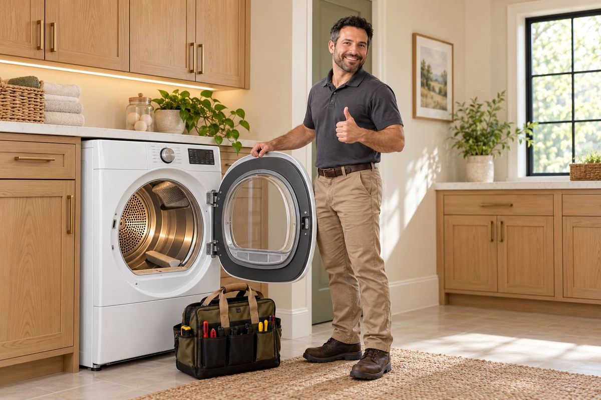 Technician giving a thumbs-up next to a front-load dryer with its door open