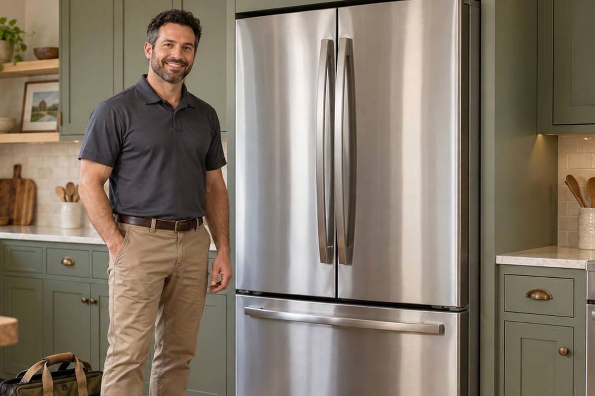 Technician beside a French-door refrigerator before checking the ice maker