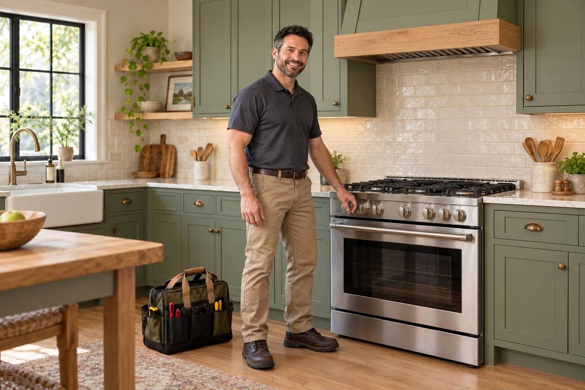 Technician at a stainless gas range with his hand on a burner knob