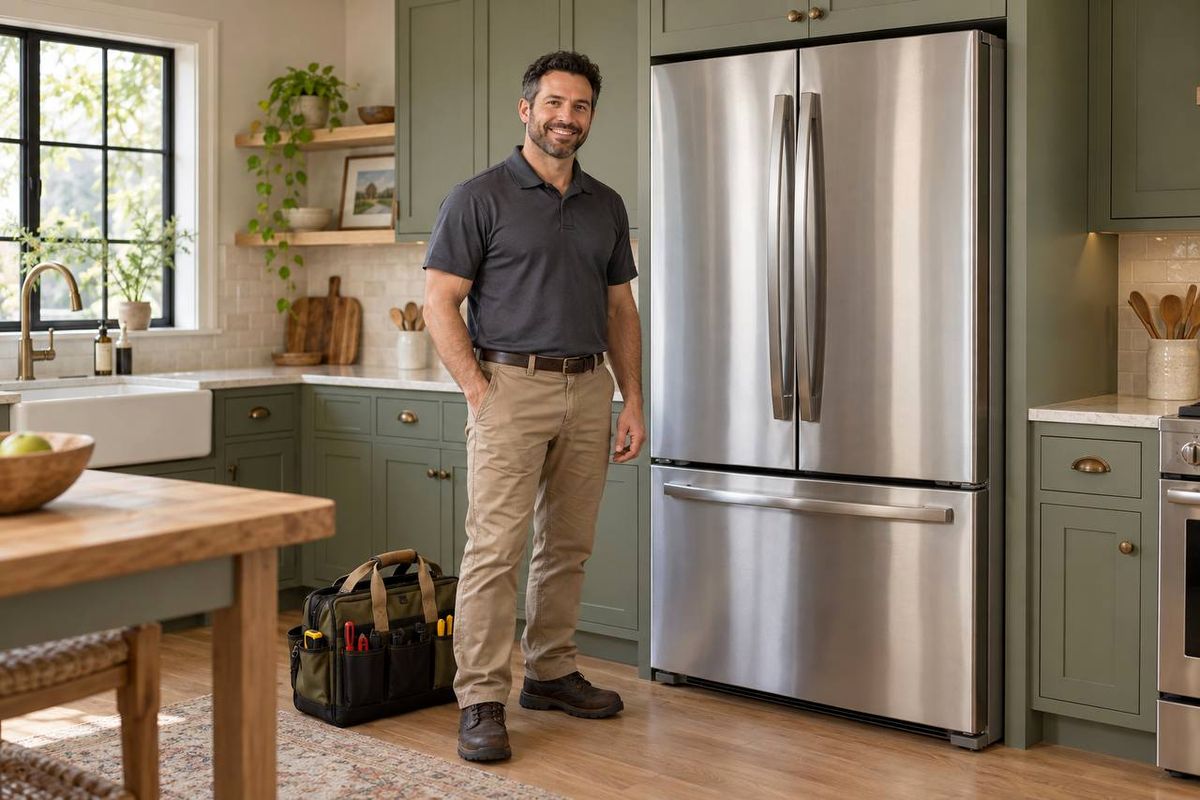 Technician with a tool bag beside a stainless French-door refrigerator