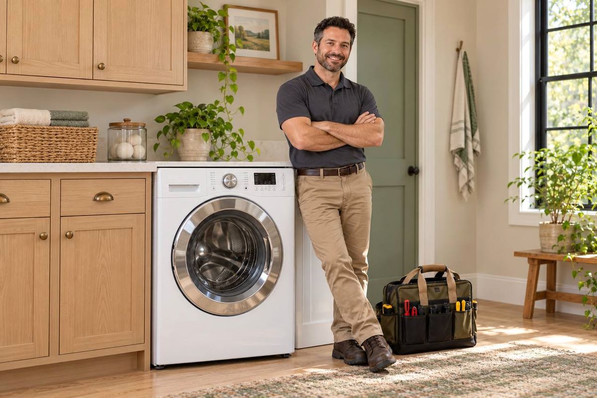 Technician leaning beside a front-load washer in a laundry room